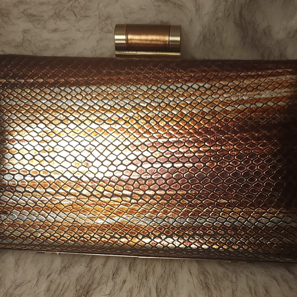 Vintage Patricia Nash Copper Snakeskin Print Clutch w/link chain strap AUTHENTIC